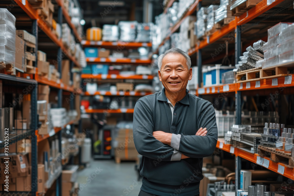 Smiling middle-aged Asian man standing in hardware warehouse with folded arms surrounded by equipment racks Smiling middle-aged Asian man standing in hardware warehouse with folded arms surrounded by equipment racks