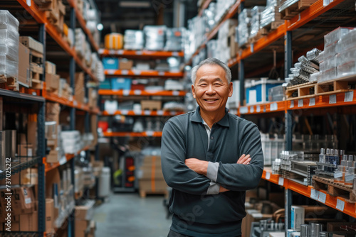 Smiling middle-aged Asian man standing in hardware warehouse with folded arms surrounded by equipment racks