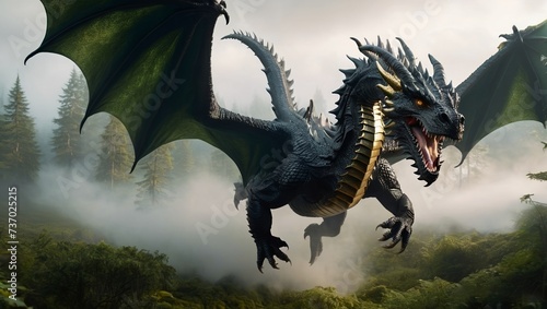 a large male black aggressive dragon flying over a foggy lush green forrest photo