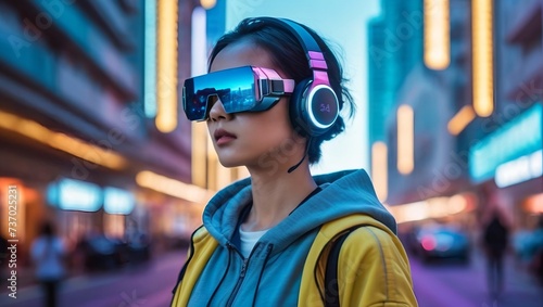 A person wearing ar glasses on the road of the future city woman wearing headphones photo
