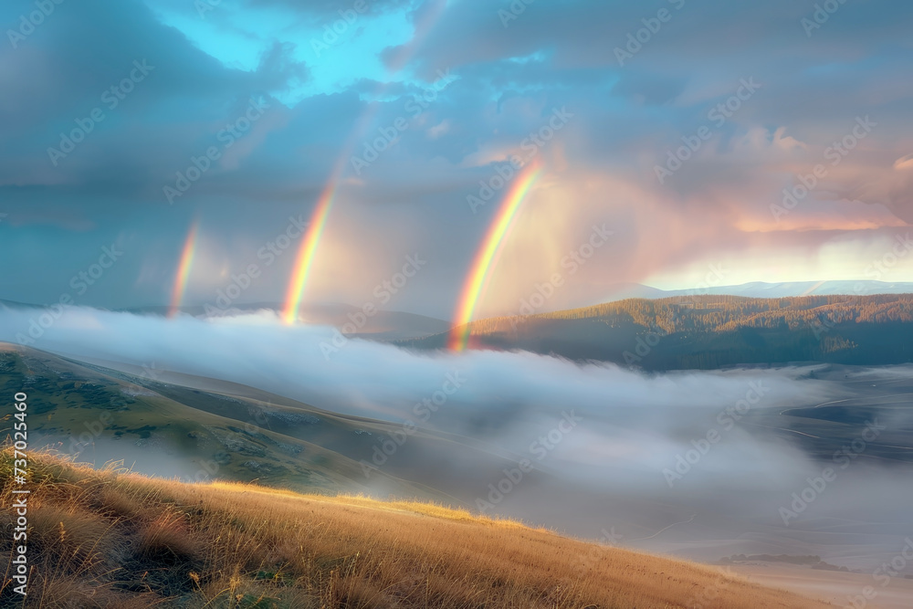 The Various Changes in Nature's Landscapes. Rainbows After Rain, Flowing Clouds, and Seasonal Transitions to Depict the Dynamism of Nature, Suitable for Various Purposes.