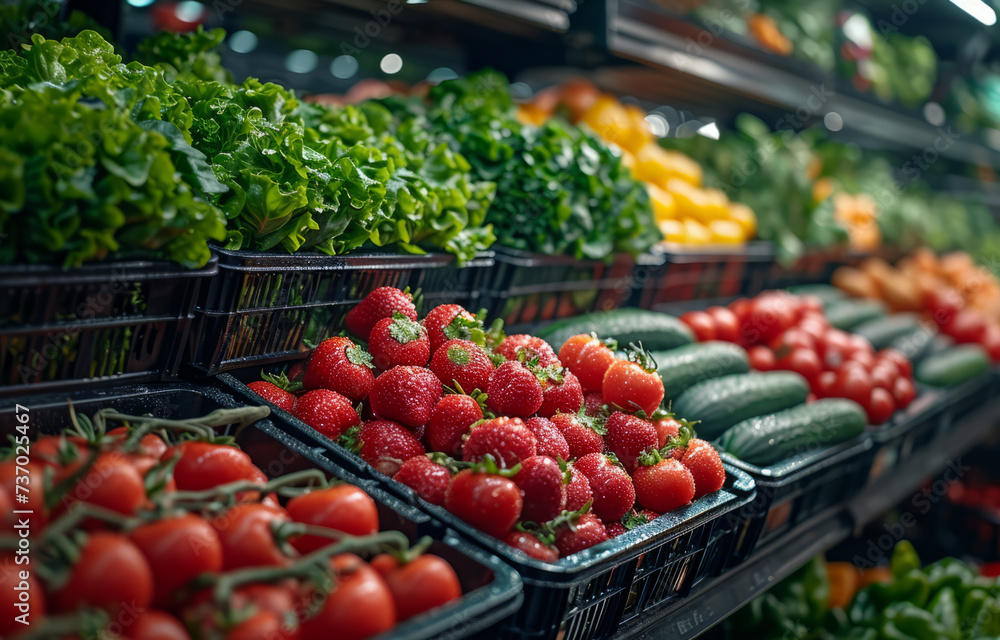 Fresh strawberries and other vegetables in boxes on the counter in the supermarket