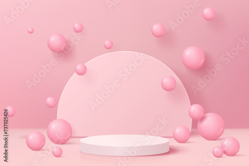 3d pink podium pedestal with minimal  scene and ball on pink background for product display, presentation, advertising.