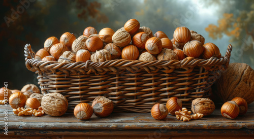 Walnuts and hazelnuts in basket on wooden table selective focus