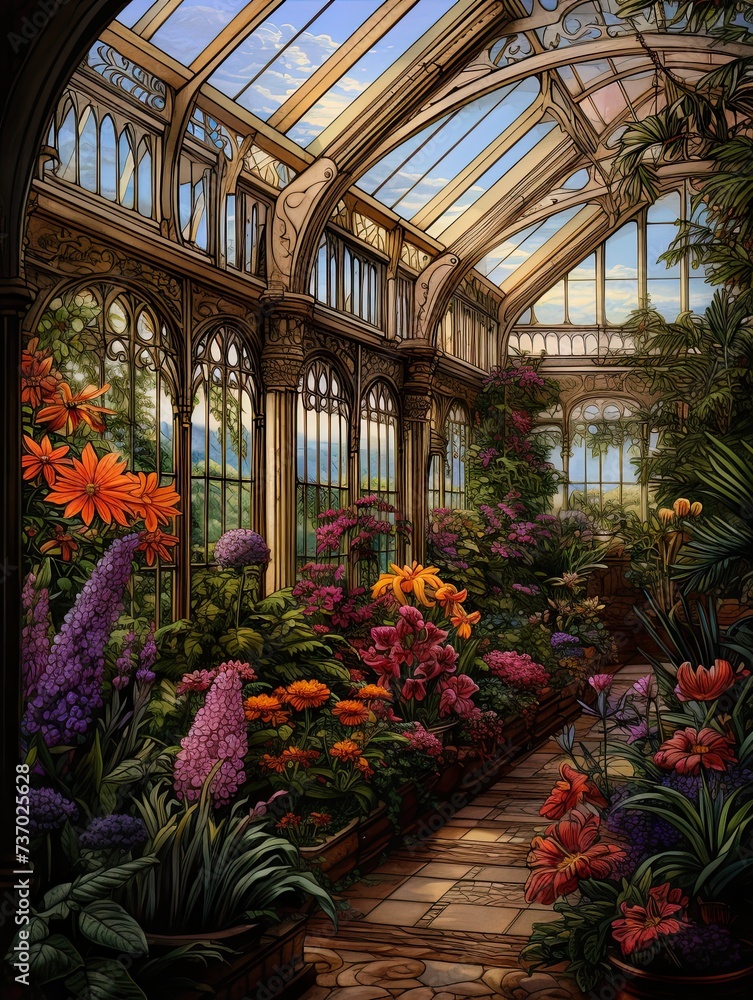 Victorian Greenhouse Botanicals: A Radiant Tapestry of Colorful Plant Displays