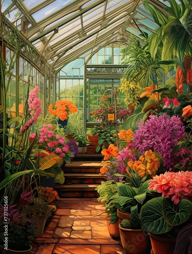 Vibrant Victorian Greenhouse Botanicals: A Colorful Landscape of Lush Plant Life