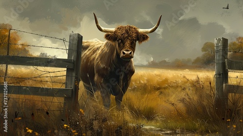 Bull in fenced meadow. Generative AI photo