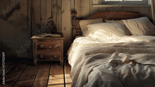 the warmth and coziness of a Scandinavian-style bedroom, the smooth oak of the bedside table, the softness of the bedspread and pillows, and the texture of the wooden floor.