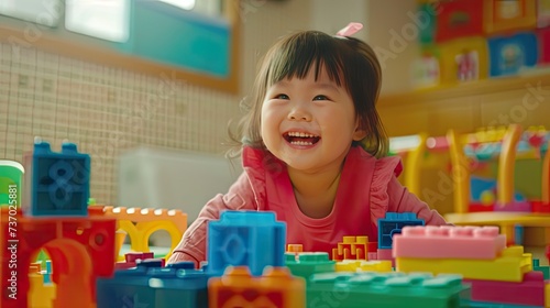 The sincere emotions of a child when he plays with construction sets or other games in the playroom or kindergarten. Happy child's face while playing.