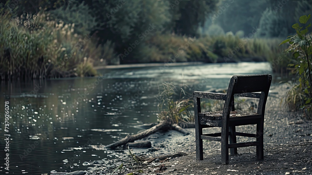 Chair by the river. Generative AI Chair by the river. Generative AI
