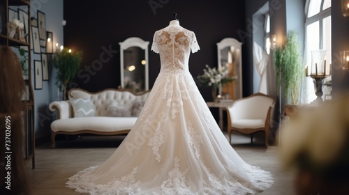 Elegant Lace Bridal Gown on Mannequin in wedding dress boutique