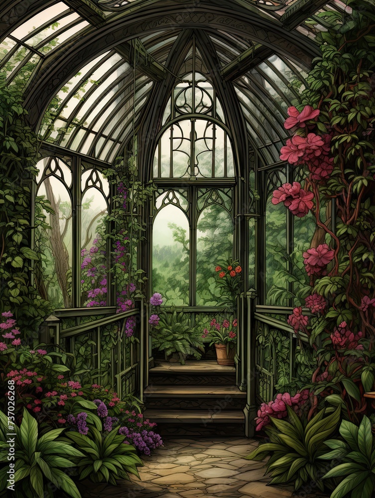 Victorian Greenhouse Botanicals: Enchanting Woodland Art Print of Forest-Based Greenhouses