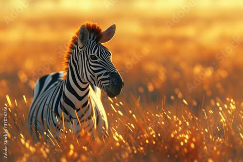 a zebra stands tall amidst the lush grass of the savanna. zebra standing in grass field © Rangga Bimantara