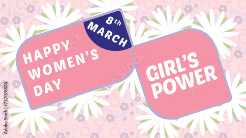 Blossoming Empowerment: A Vibrant Tribute to Women's Day, This vector is a vibrant tribute to International Women's Day. Two pink tags boldly proclaim 'Happy Women's Day' and 'Girl's Power'.