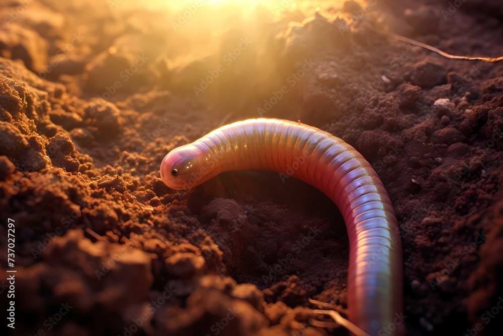 A close-up of a solitary earthworm, burrowing through the rich soil, with the morning sunlight highlighting the subtle iridescence of its skin. - obrazy, fototapety, plakaty 