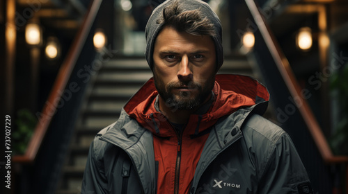 Staircase Style: A Trendy and Atmospheric Portrait of a Person in a Grey and Red Jacket