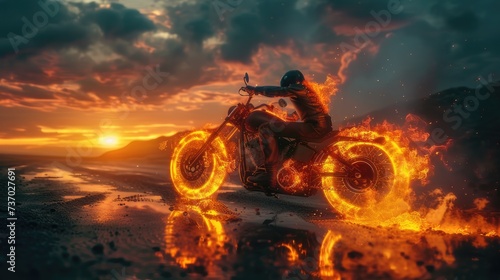 a burning motorcycle and a dark motorcyclist against the backdrop of the warm light of the sunset, emphasizing the intensity of the scene.
