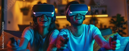 Young couple enjoys immersive gaming experience with virtual reality glasses. Concept Virtual Reality Gaming, Immersive Experience, Young Couple, Virtual Reality Glasses, Gaming Enjoyment