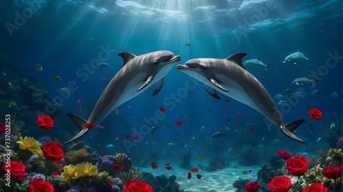 diver and shark,Using cinematic dramatic lighting, photo realistic, high resolution, and the David Doubilet style, create a heartwarming scene where two gorgeous dolphins carry Valentine's Day-shaped  photo