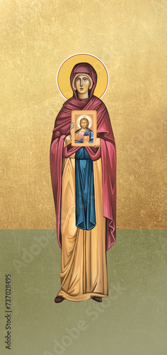 Traditional orthodox icon of Sv. Petka. Saint Parascheva of the Balkans. Christian antique illustration on golden background in Byzantine style