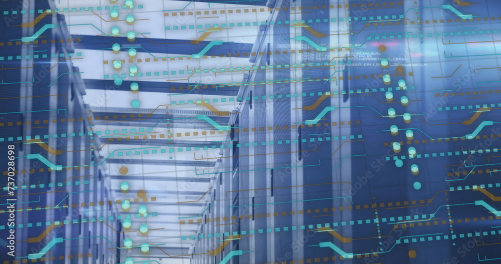 Image of servers, connections and data processing over circuit board Image of servers, connections and data processing over circuit board