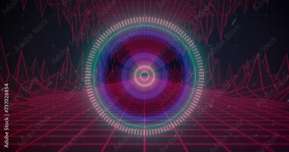 Image of scope scanning over glowing pink map and grid on black background