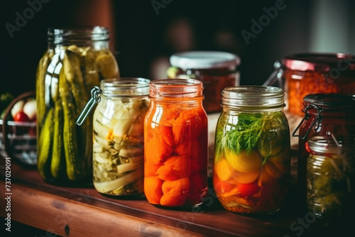Preserved vegetables in the glass jars on the kitchen table