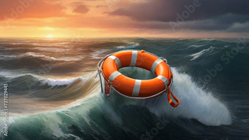Lifebuoy floating in the middle of ocean as a symbol of rescue, safety and hope in life photo