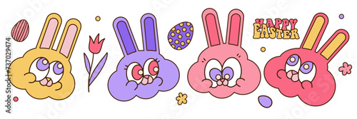 Groovy hippie Happy Easter characters. Set of Easter bunnies muzzles in trendy retro 60s 70s cartoon style. Rabbits heads. Contour vector illustration with cute eyes.