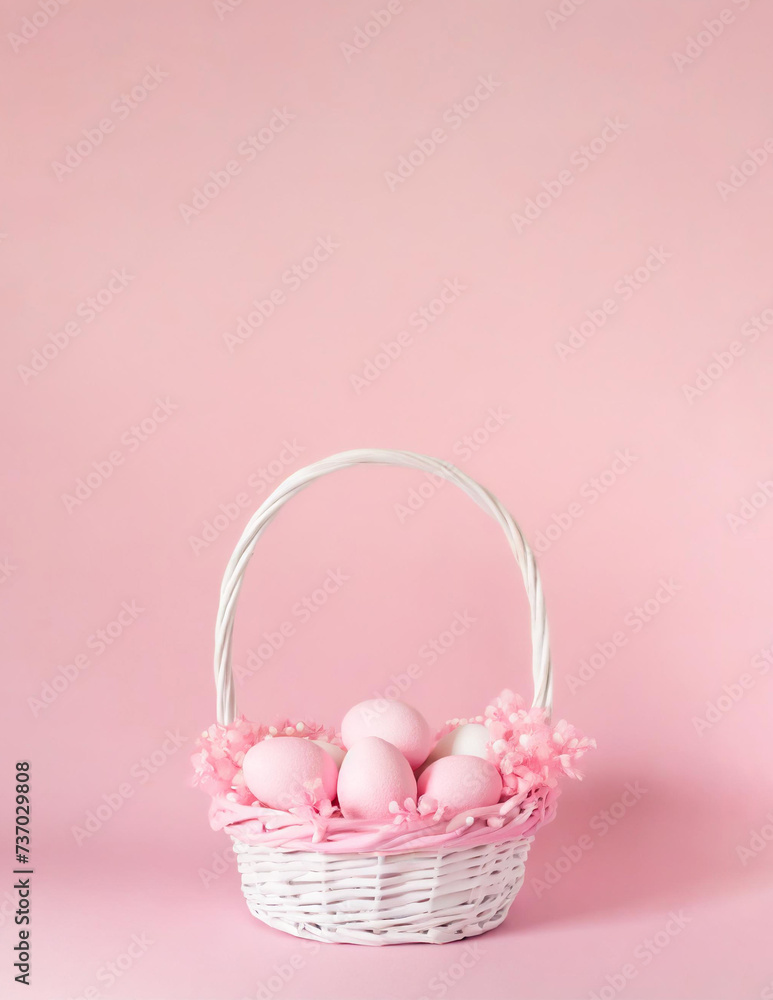 Easter Basket Full of Pastel Colored Easter Eggs, Minimalist, Simple, Pink Background Easter Basket Full of Pastel Colored Easter Eggs, Minimalist, Simple, Pink Background