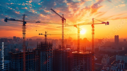 Construction Cranes at Urban Sunrise