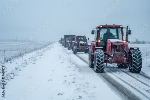 Agricultural workers go to protest rally against tax increases, changes in law, abolition of benefits. Row of tractors drives along the road, surrounded by snow-covered fields