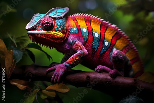 A colorful chameleon blending seamlessly into its environment, its eyes independently scanning for insects to catch with its long, sticky tongue.