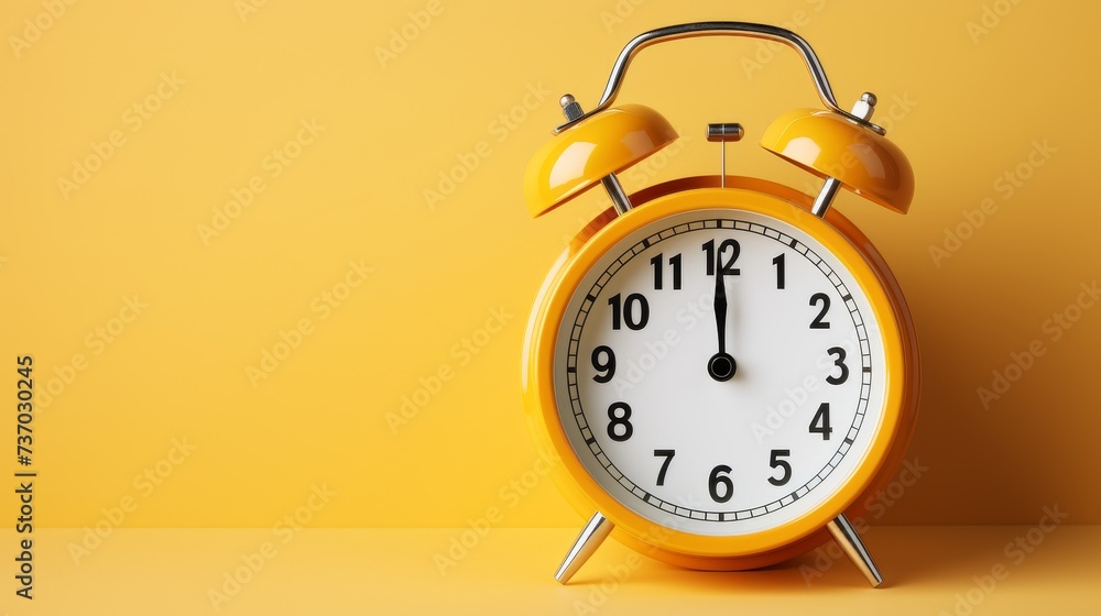 A hand holds a classic clock on a yellow base A hand holds a classic clock on a yellow base