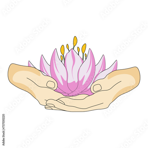 Beautiful pink Lotus in woman hand isolated white background. Sacred plant of India. Beauty Summer Flower. Water lily. Vector illustration can used web design. EPS 10 Editable stroke