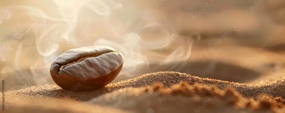 Close-up of a single coffee bean with steam rising against warm soft-focus background evoking sense of fresh aroma Close-up of a single coffee bean with steam rising against warm soft-focus background evoking sense of fresh aroma