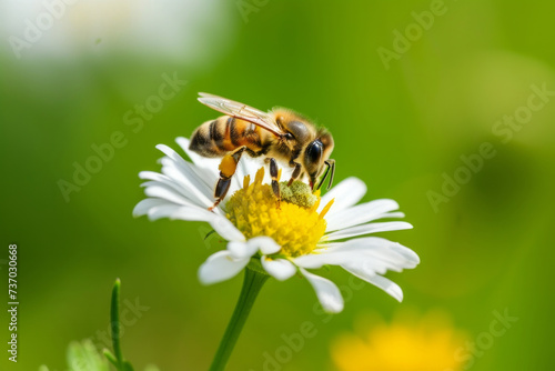 Spring single daisy flower and bee. The honey bee feeds on the nectar of a chamomile flower. Yellow and white chamomile flowers are all around, the bee is out of focus, the background and foreground a