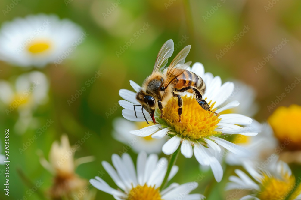 Spring single daisy flower and bee. The honey bee feeds on the nectar of a chamomile flower. Yellow and white chamomile flowers are all around, the bee is out of focus, the background and foreground a Spring single daisy flower and bee. The honey bee feeds on the nectar of a chamomile flower. Yellow and white chamomile flowers are all around, the bee is out of focus, the background and foreground a