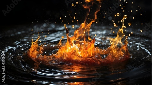 Water and Fire Clash on Black Background, Dynamic Representation of Water and Fire on Black, Visual Exploration of Water and Fire Energies on Dark Canvas, Water and Fire Engage in Striking Contrast 