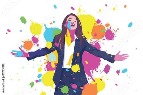 happy woman in business suit covered with colorful Ho isolated vector style