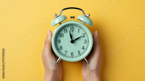 A hand holds a classic clock on a yellow base
