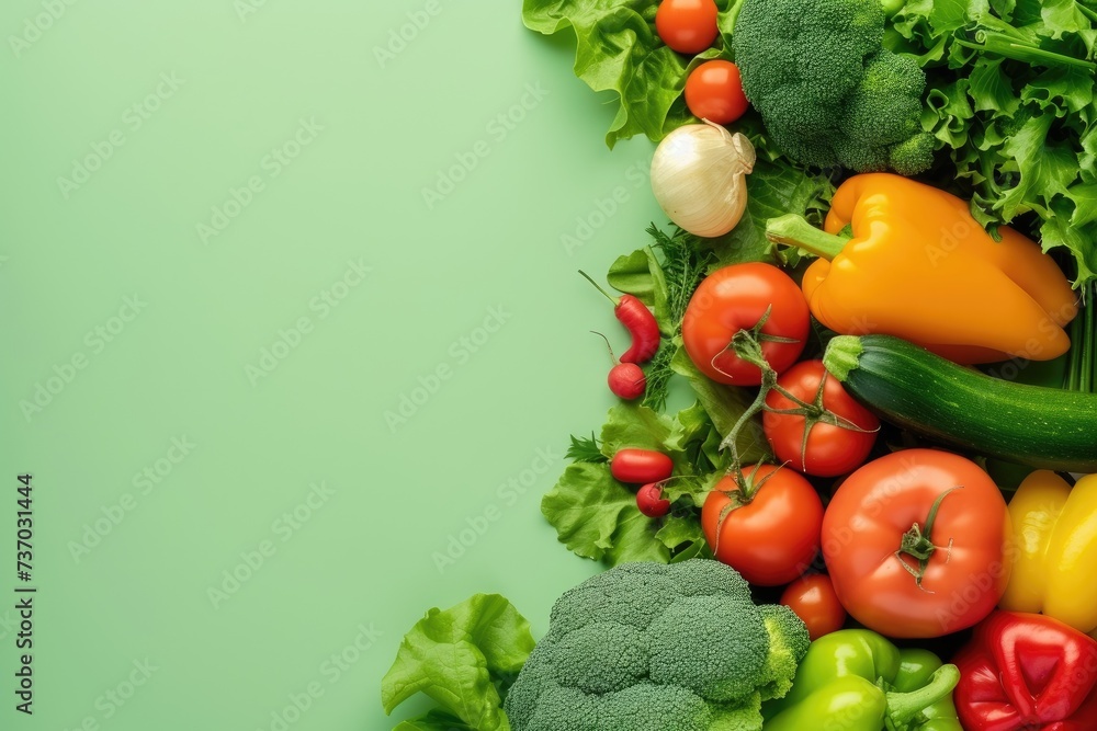 Vegetables isolated on green pastel color background, flat lay, banner design with copy space Vegetables isolated on green pastel color background, flat lay, banner design with copy space