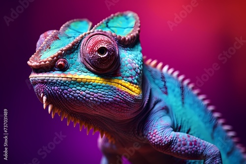 A curious chameleon, its colors blending with a vibrant purple background.