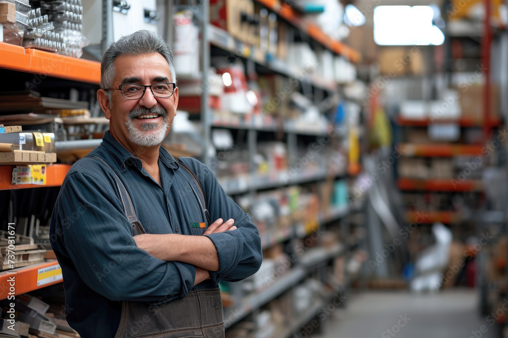 Smiling middle-aged Middle Eastern man in a hardware warehouse with arms folded, standing next to a shelf containing hardware supplies Smiling middle-aged Middle Eastern man in a hardware warehouse with arms folded, standing next to a shelf containing hardware supplies
