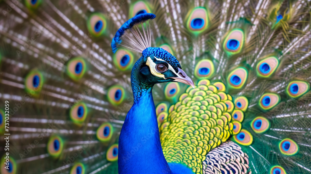Obraz premium Peacock with fanned tail. The Indian or blue peafowl dance display. Male peacock dancing gracefully and colorful.