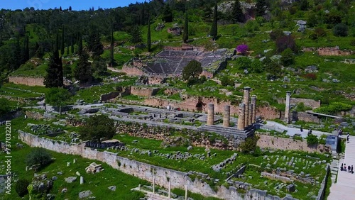 The Ancient Theater of Delphi in Greece with a Drone Dolly In Shot. photo