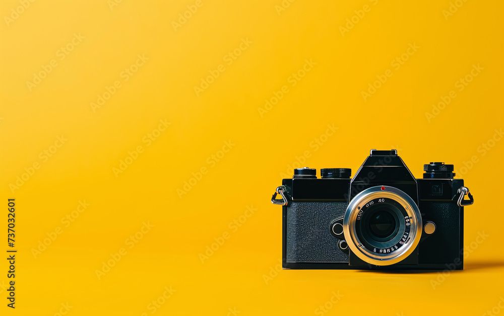 Retro Style Vintage Camera Placed on a Vibrant Yellow Background Perfect for Photography Enthusiasts and Lovers of Minimalist Design Aesthetics
