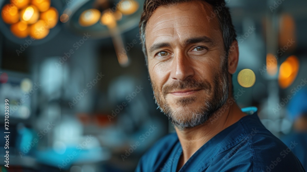 Focused Surgeon in a Blue Scrub Cap in the Operating Room Focused Surgeon in a Blue Scrub Cap in the Operating Room