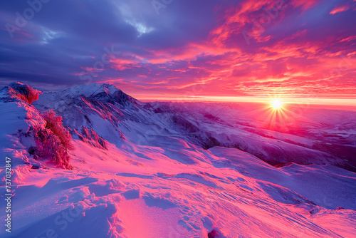 Dawn Breaks Over Snowy Mountains Peak