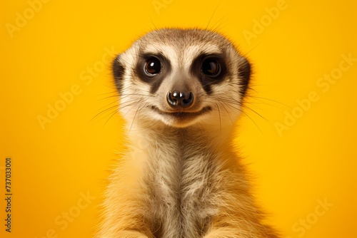 A curious meerkat sitting upright, its alert eyes focused on the camera, against a sunny yellow background.